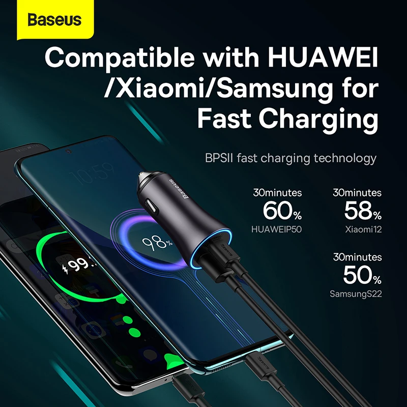Phone Charger Baseus 60W Metal USB Type C Car Quick Charge SCP AFC QC 4.0 PD 27W USBC for iPhone Xiaomi Huawei Samsung