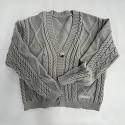 Elegant Grey V-Neck Knitted Cardigan - Women's Fashionable Long Sleeve Sweater Coat - S (Grey)