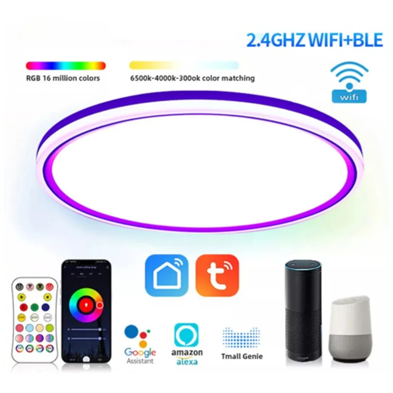 

24W Smart Tuya Wifi LED Ceiling Light RGBCW Dimmable Ultrathin Ceiling Lamp Compatible Alexa Google for Home Bedroom Decor Light