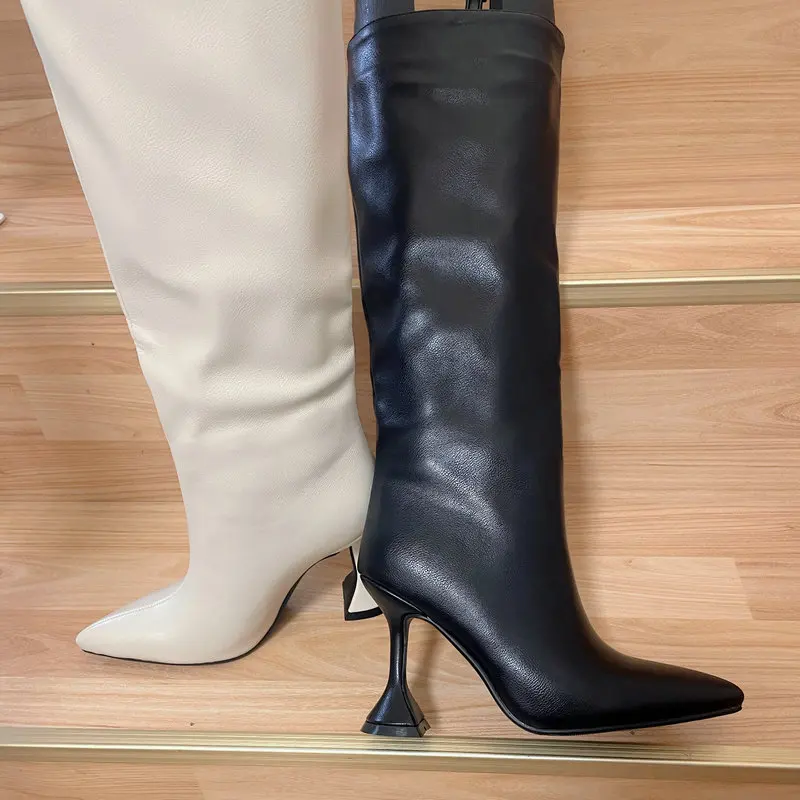 

2023 New Strange High Heels Women Knee HIgh Boots Spring Autumn Poined Toe Ladies Pary Weddig Shoes