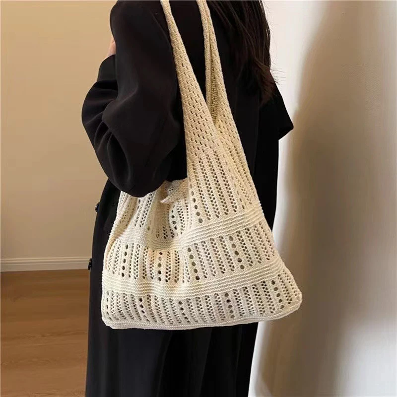 Hollow Knitted Handbags Beach Bags Lightweight Students Shoulder Shopper Tote Female Woven Underarm Bags For Women Girls