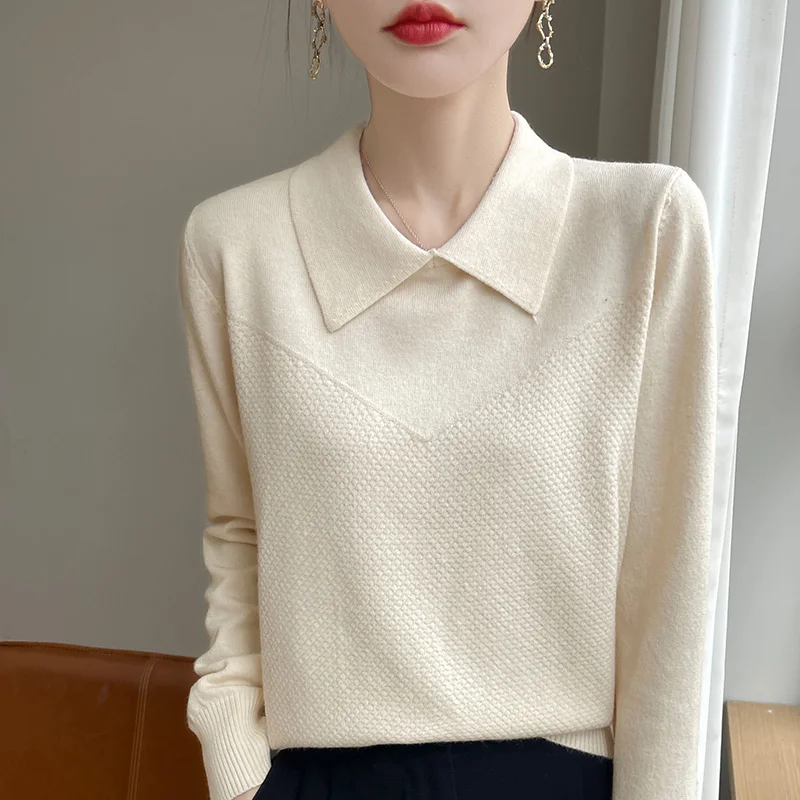 2024 Autumn/Winter Flip collar Cashmere Sweater Women Knitted Sweater Loose Fashion Cashmere Sweater Women 6