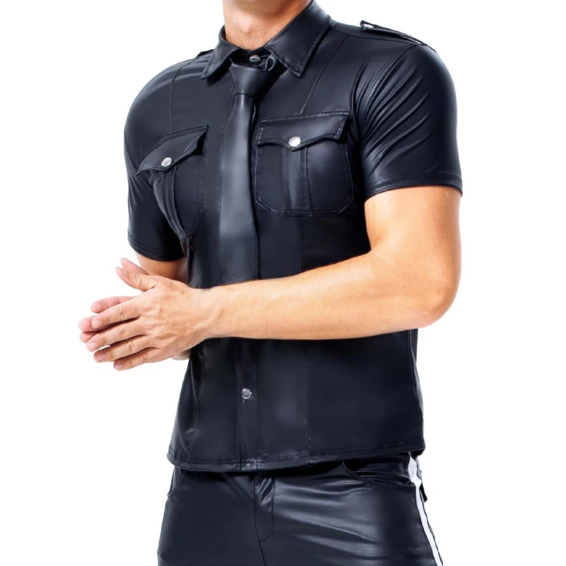 Herren-Cardigan mit Knöpfen, Umlegekragen, PVC-glänzendes Lackleder, sexy, eng anliegende Stretch-Latex-Oberbekleidung, Motorradbekleidung für Männer – Detail 2
