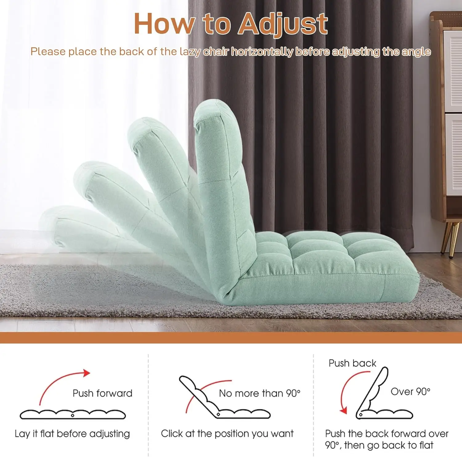 Floor Chair with Back Support Folding Chair with 6 Adjustable Position, Padded Sleeper Bed, Floor Gaming Chair