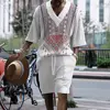 2024 Summer Casual Shorts Set Knitted Two Piece Men's Clothing V-Neck Short Sleeve T-shirt and Shorts Streetwear Knit Outfits 1