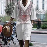 2024 Summer Casual Shorts Set Knitted Two Piece Men's Clothing V-Neck Short Sleeve T-shirt and Shorts Streetwear Knit Outfits 1