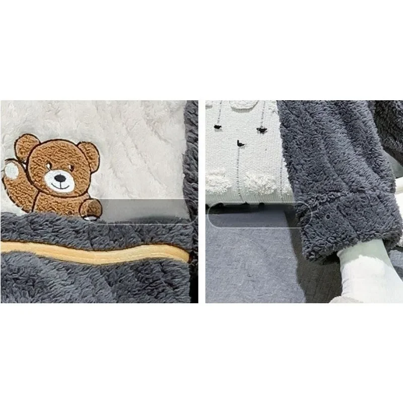 2024 New Men Pajamas Coral Velvet Thick Loungewear Warm Cartoon Student Sleepwear Zipper Flannel Homwear Autumn Nightwear