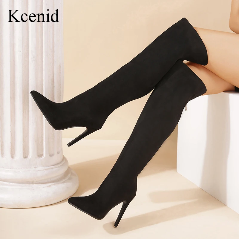 

Kcenid Winter Over The Knee Women Boots Flock High Heels Zipper Shoes Female Pointed Toe Woman Long Boots Size 36-41 Black