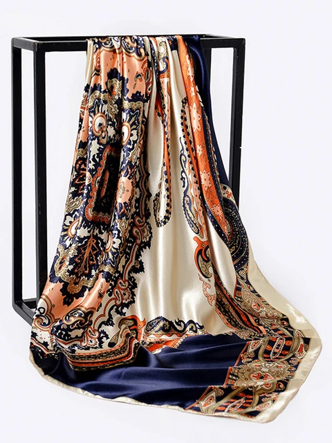 90*90 cm Piazza Sciarpe di Seta Donne Scialli Hijab Moda Anacardi Stampa Fiore Fazzoletto Femme Testa Sciarpa Foulard Bandana Spiaggia Pareo 4