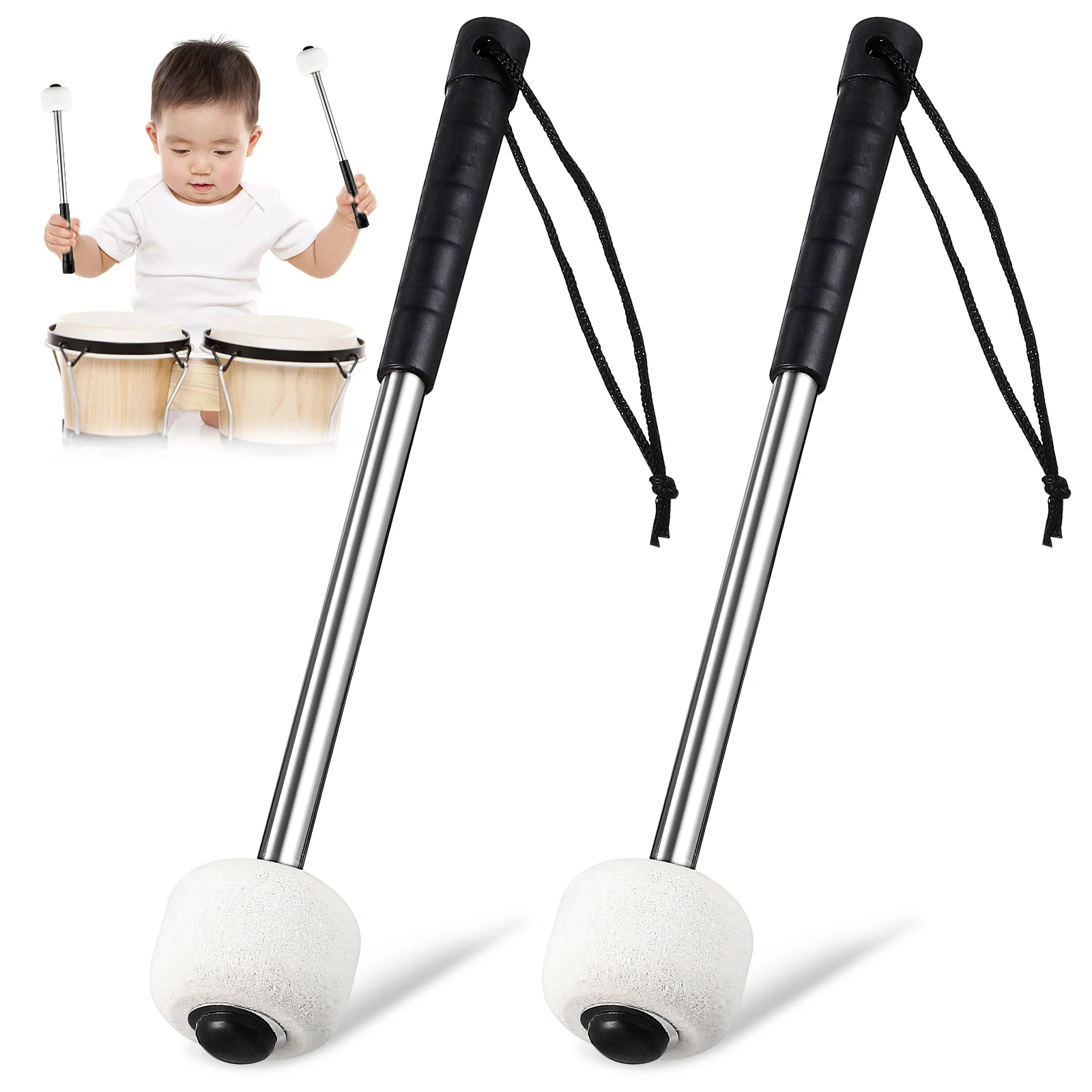 

2 Pcs Bass Drum Mallet Stainless Steel Handle Drumsticks with Wool Felt Head Professional Drum Mallets Instrument Accessories