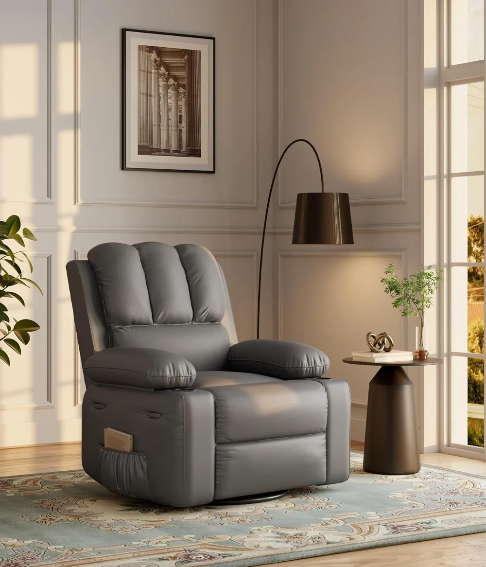 Manual Recliner Chair, Oversized PU Leather Sofa, Comfy Armchair for Living Room Bedroom Gaming Grey