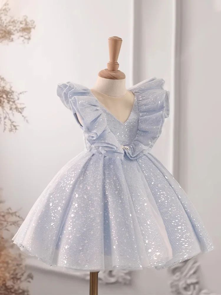 

2024 элегантное цельнокроеное платье принцессы для маленьких девочек детские синие платья для фортепиано для выступлений одежда с летающим рукавом