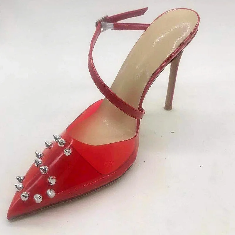 

Summer new pointed toe toe PVC strap rivet sexy stiletto sandals banquet dress all-match large size flat-heeled women's slippers