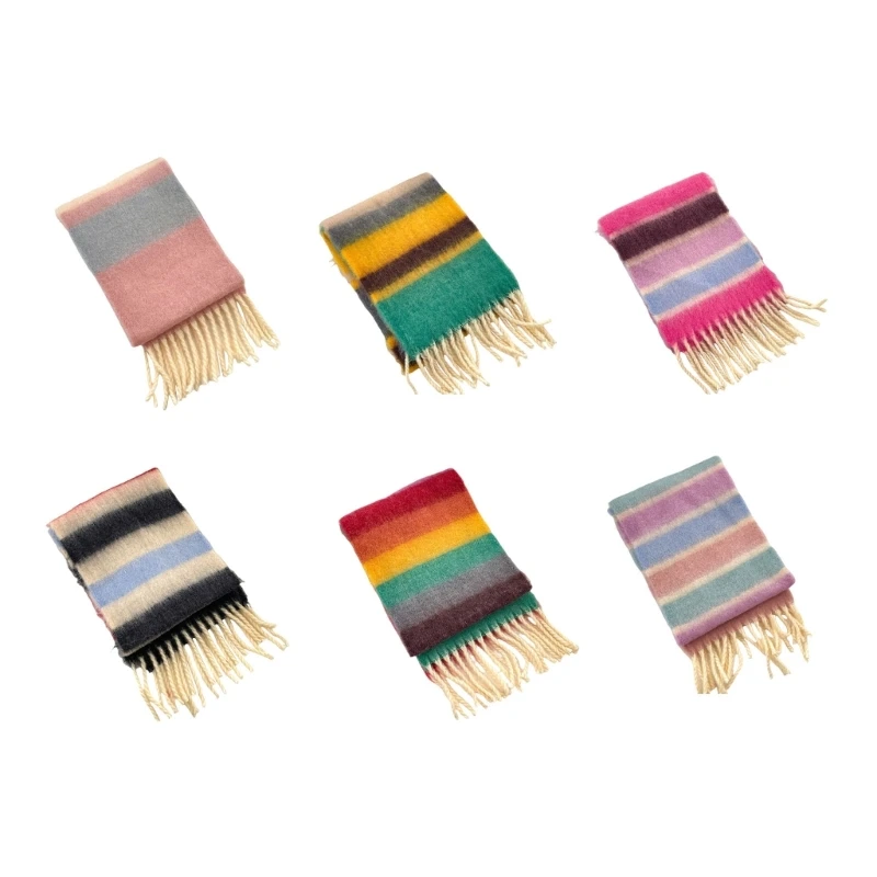 Colorful Striped Kids Scarf with Tassels, Soft & Comfortable Neckerchief Warm Winter Accessory for Boys Girls 3-12Y X90C
