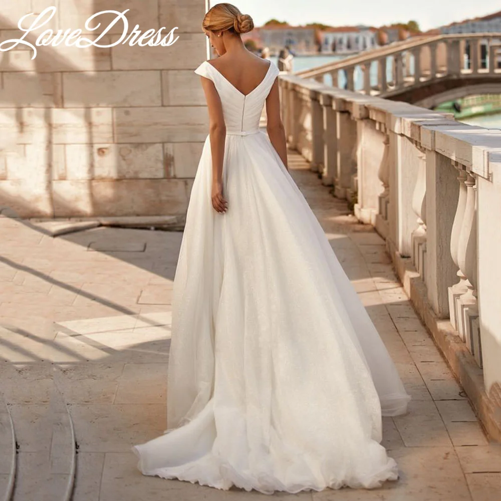 러브드레스 V넥 잡초 원피스 캡 슬리브 플리츠, 오간자 새틴, 보헤미안 A라인 신부 가운, 트레인 트레인