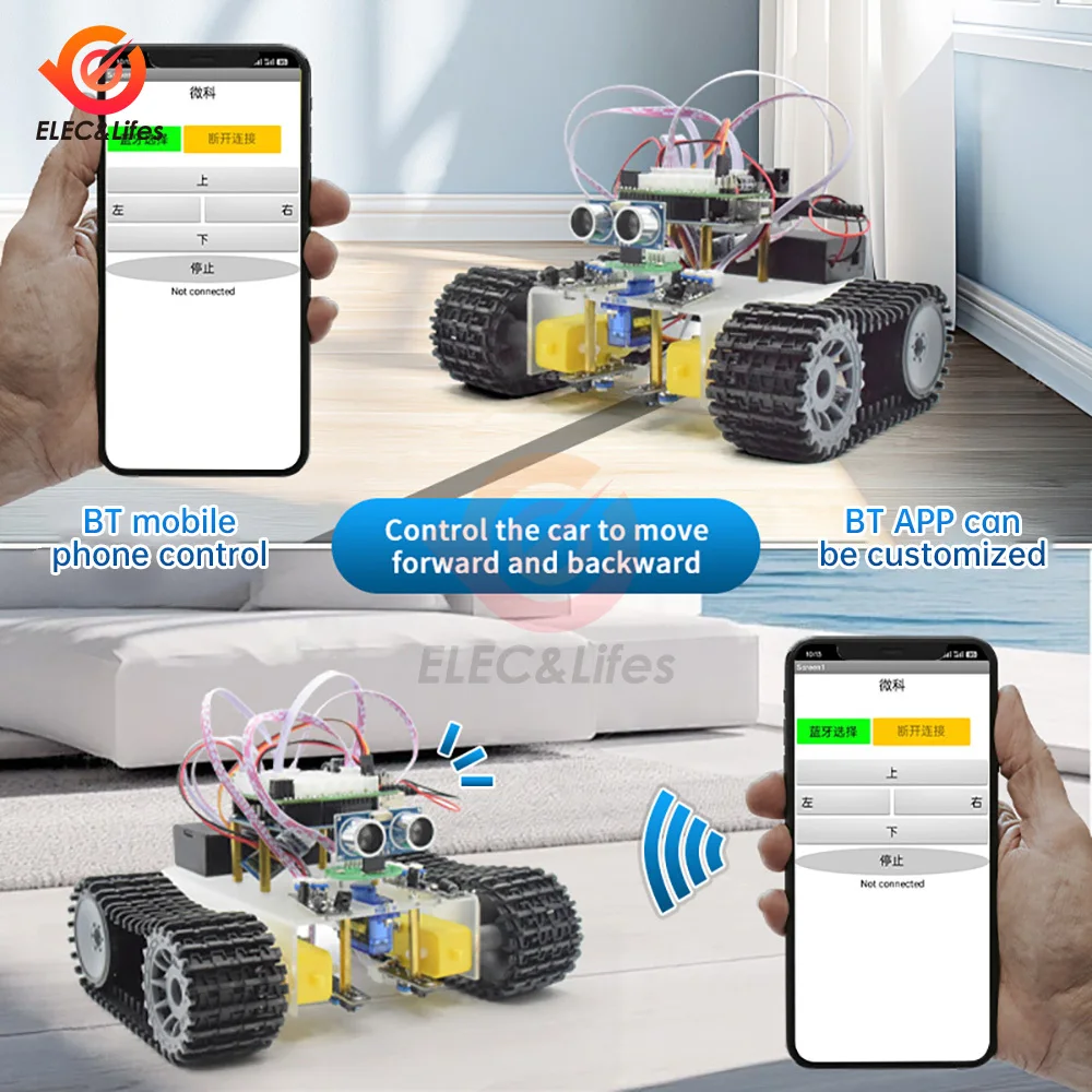 Kit Robot Tank RC Arduino Uno assemblé, montrant les connexions des capteurs et la carte Uno, prêt pour la programmation et le contrôle Bluetooth.