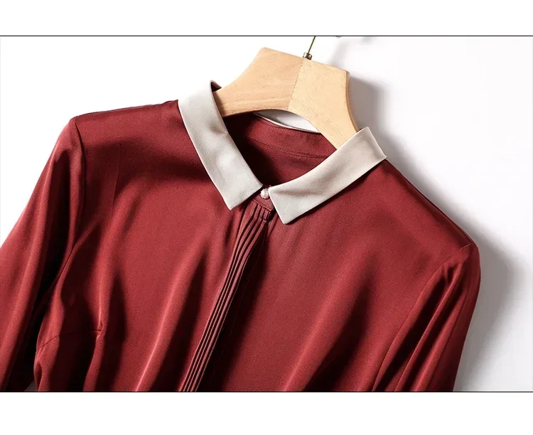 Women's Silk Satin Shirts, Vintage Blouses, Spring and Summer Ladies Clothing, Loose Long Sleeves, Fashion Tops, Monochromatic