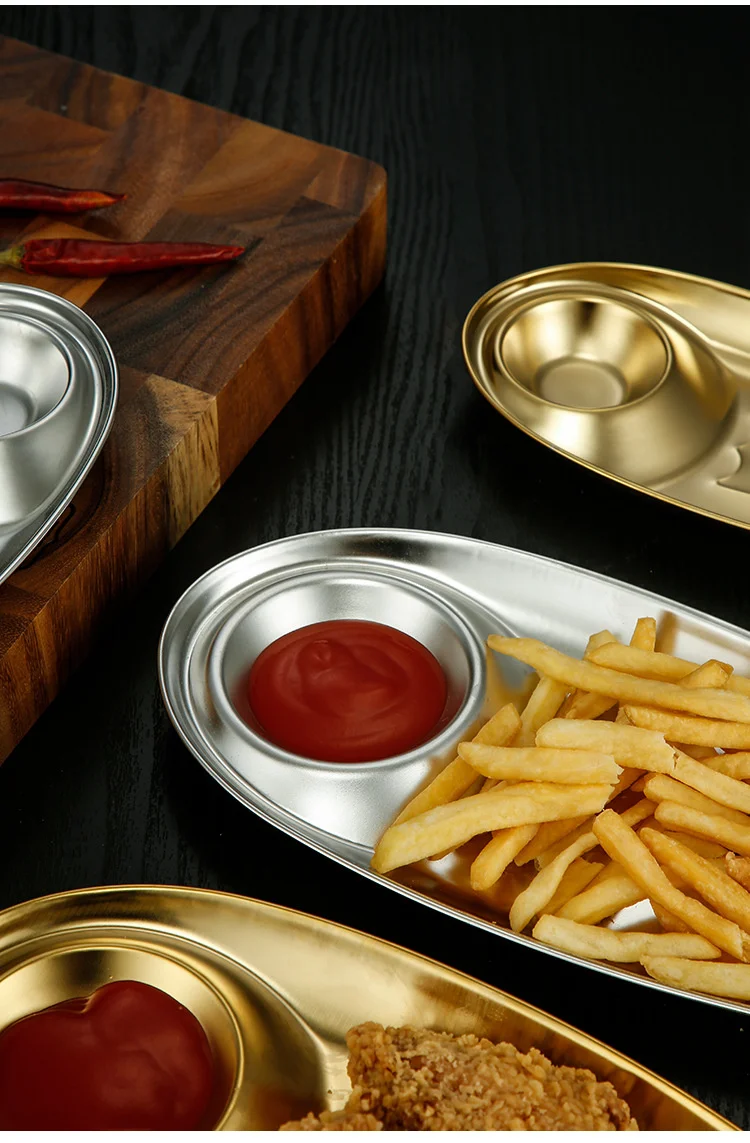 304 Stainless Steel Oval Snack Plate Dividing Korean Sauce Plate French Fries Dessert Egg Shaped Plate - 31X15X2.4Cm