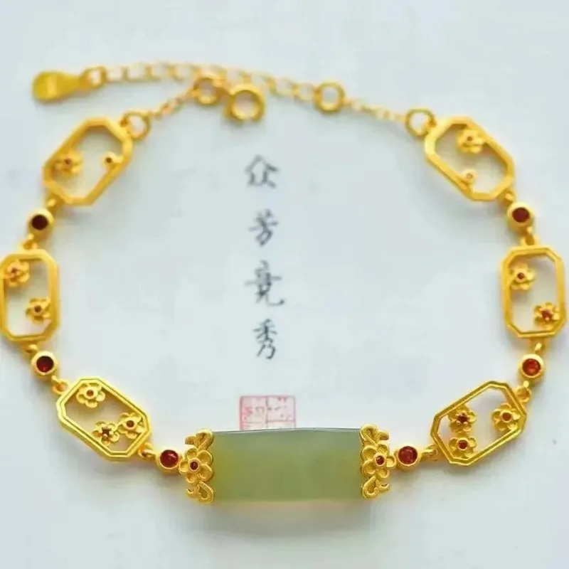 

Chinoiserie Vintage S925 Pure Silver Gilded 2Color Hotan Jade Hollowed Out Carved Hand String Bracelet for Women Classic Jewelry