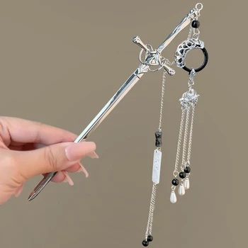 2025 Nuovo stile cinese spada tornante per le donne nappa metallo chignon pin perla pendente bastoncini per capelli serpente copricapo casual