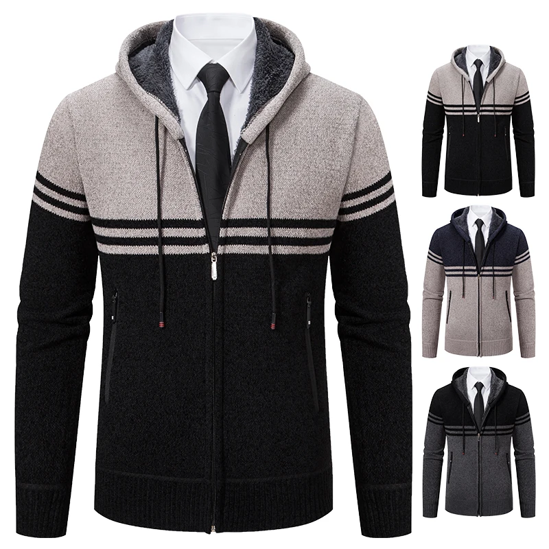 Male Winter Autumn Coat Sweater Hooded Jackets Zipper Striped Hoodies 2023 New Fashion Y2K Handsome Cool Men's Cold Overcoat