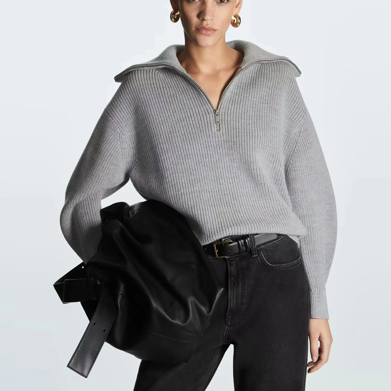 

2022 women knitted sweater Vintage zipper grey stripe sweater casual loose sailor collar Pullover winter women sweater