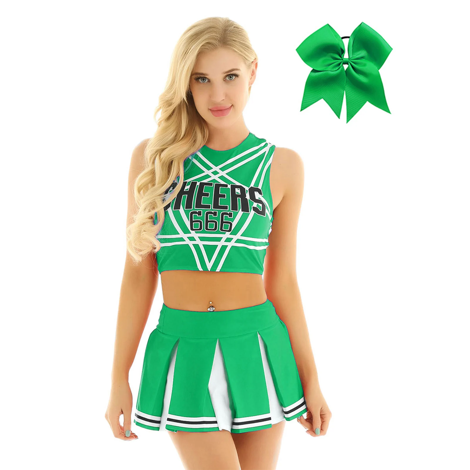 Women Cheer Dance Uniform Cheerleader Costumes Outfits Top Mini Pleated Skirt Bowknot Hairband School Girl Cheering Teamwear