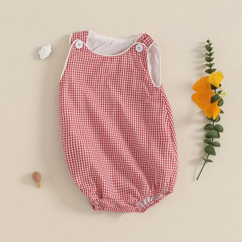 0-18M Newborn Baby Summer Tank Romper Plaid Print Sleeveless Round Neck Jumpsuit for Boys and Girls 4