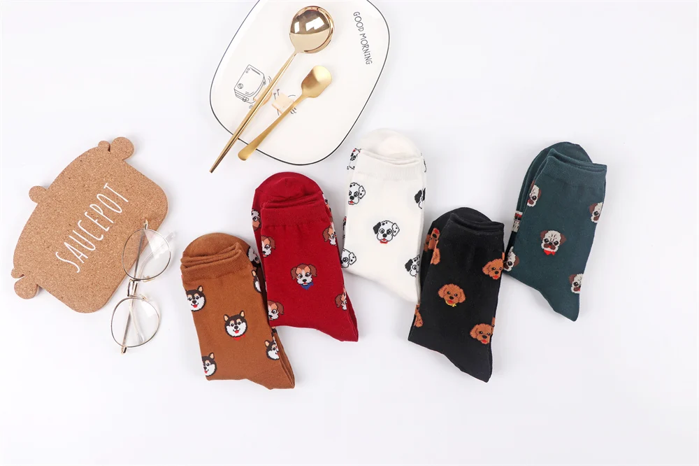 Unisex Funny Cartoon Dogs Head Socks Warm Soft Japanese Korean Cute Happy Puppy Husky Starling Dalmatian Teddy Cotton Sokken