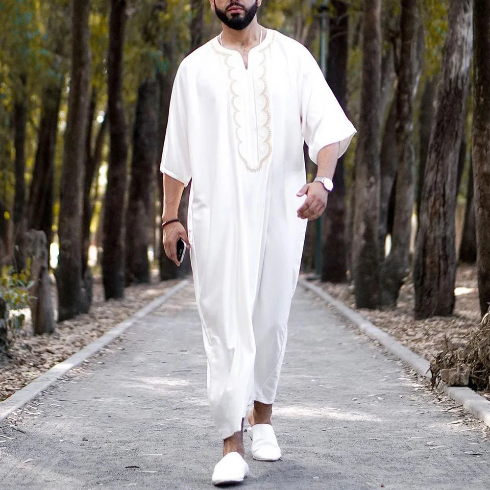 Ethnic Style Loose Fitting Robe Collarless Casual White Islamic Clothing Fashion Muslim Robe Kaftan Ropa Islamica Hombre  Arabic