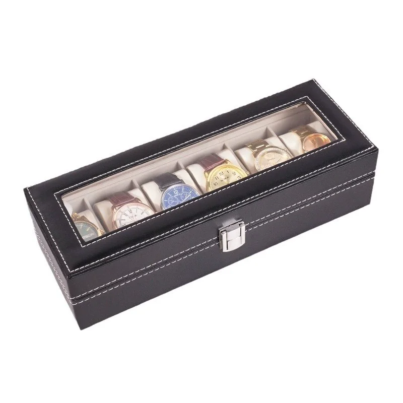 Classical 6 Slots Watch Display Box PU Leather With Lock for Men and Women