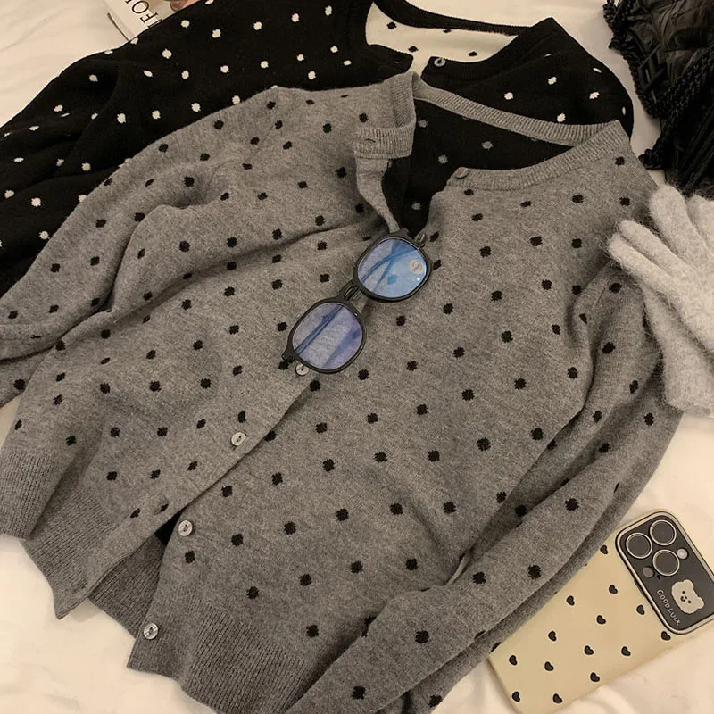 Polka dot knitted cardigan ins women's spring and autumn new style layered design sense versatile slimming long sleeved top 6