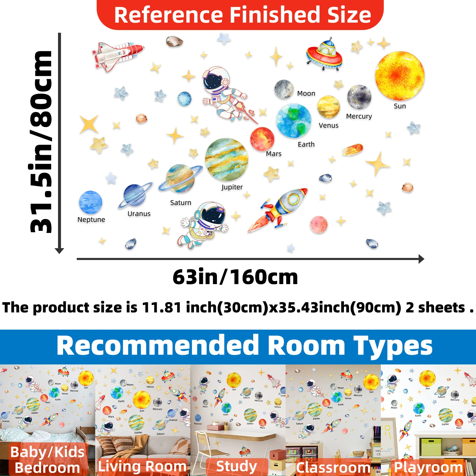 Wall Sticker Solar System Kids Wall Stickers Astronaut Stars Wall Decals Decor for Baby Boy Girl Room Bedroom Living Room Classroom