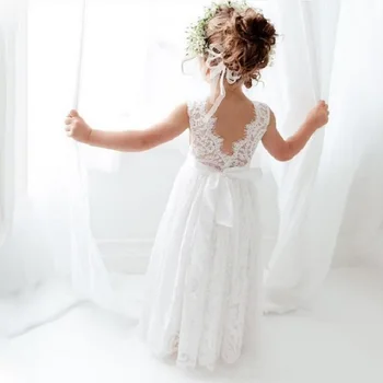 New Girl Princess Dress White Lace Long Dress Wedding Flower Children Open Back Wedding Dress Girl Elegant Evening Dress 1