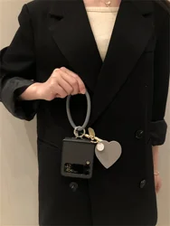 Korean Luxury Leather Cute Love Heart Pendant Striped Black Phone Case - Samsung Z Flip7 (A)