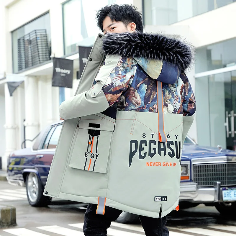 Fashion Men's Cotton Parkas 2023 Autumn Winter Mid Length Thickened Padded Jackets Outwear Fur Collar Long Top Down Coat Clothes