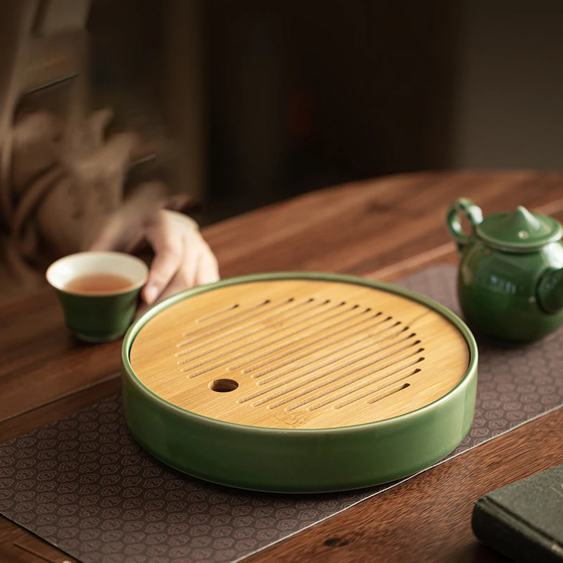 

PINNY 1200ML Capacity Celadon Glazed Large Tea Tray Round Bamboo Water Storage Tea Board Kung Fu Tea Accessories