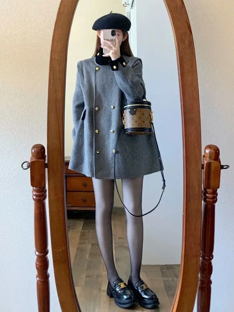 Autumn and winter French Style Woolen Women's Coat Double Breasted Long Sleeve O-Neck Fashion Maternity A-Line Coats Long Jacket