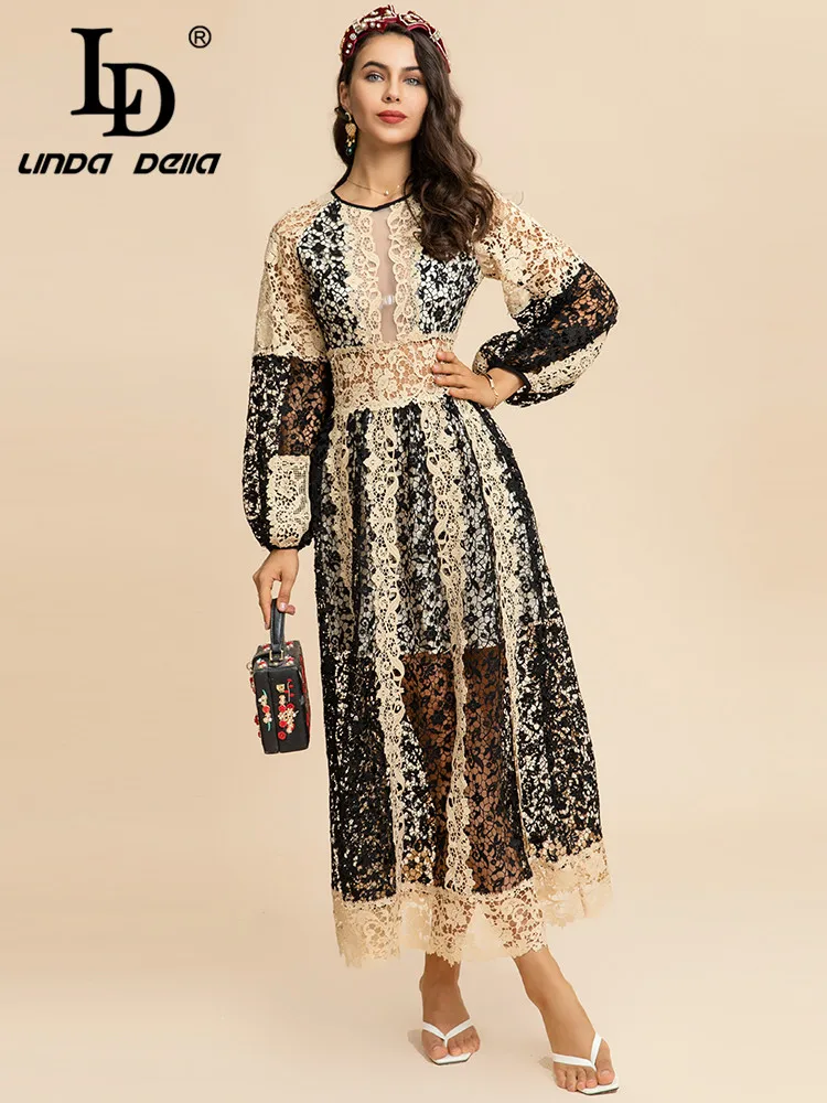 

LD LINDA DELLA Fashion Designer Autumn/Winter Dress Women Lantern sleeve Lace Hook Flower Hollow Vintage Party Long Dress