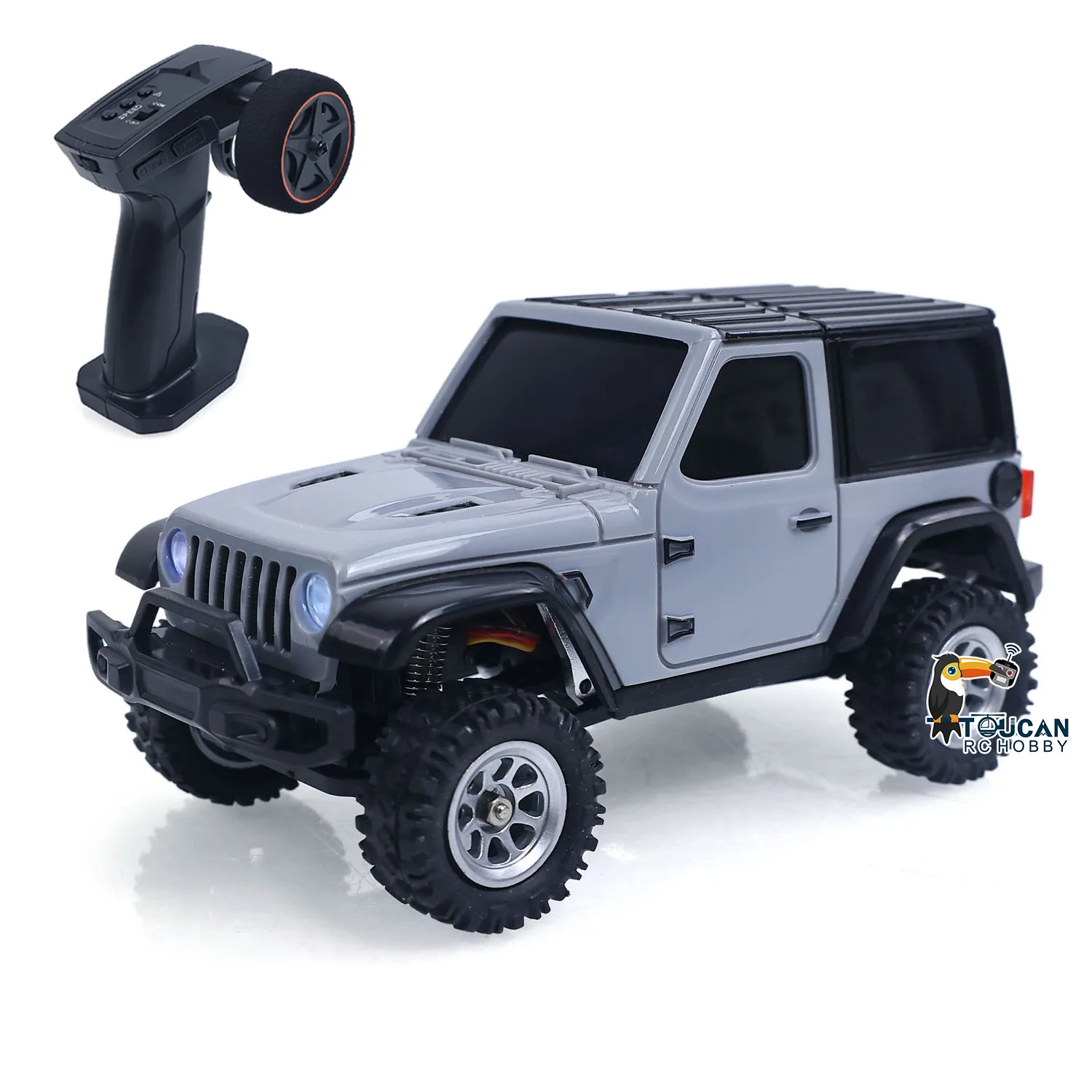 Détail du châssis et des roues du crawler RC 4x4 tout-terrain avec système d'éclairage.