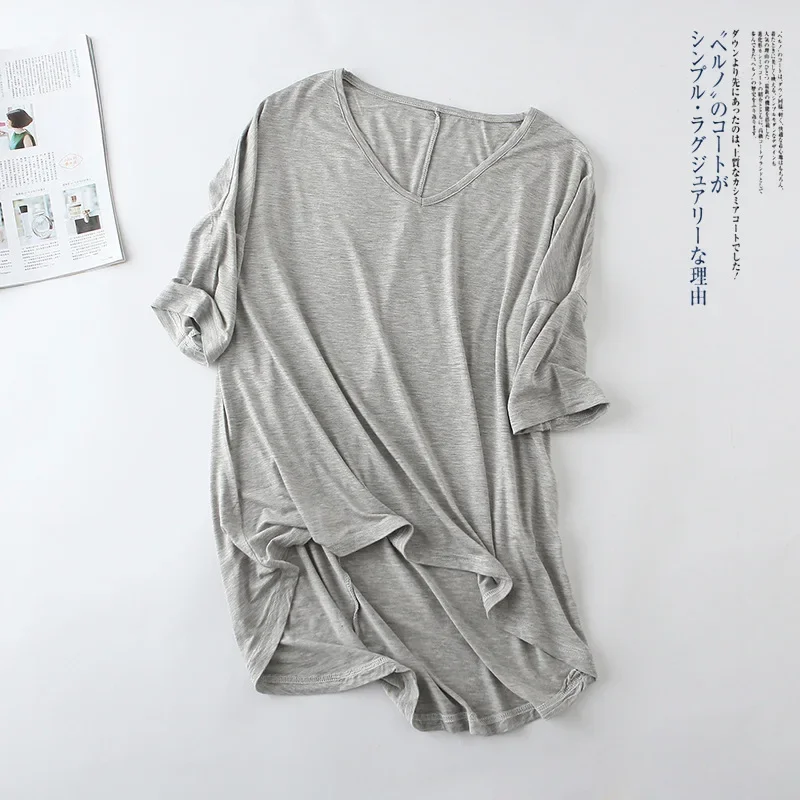 

Summer Girls Grey T-shirt Female Casual V Neck Top Oversize Bat Sleeve Loose Tshirt Women Modal Loose Undershirt Ladies Tops