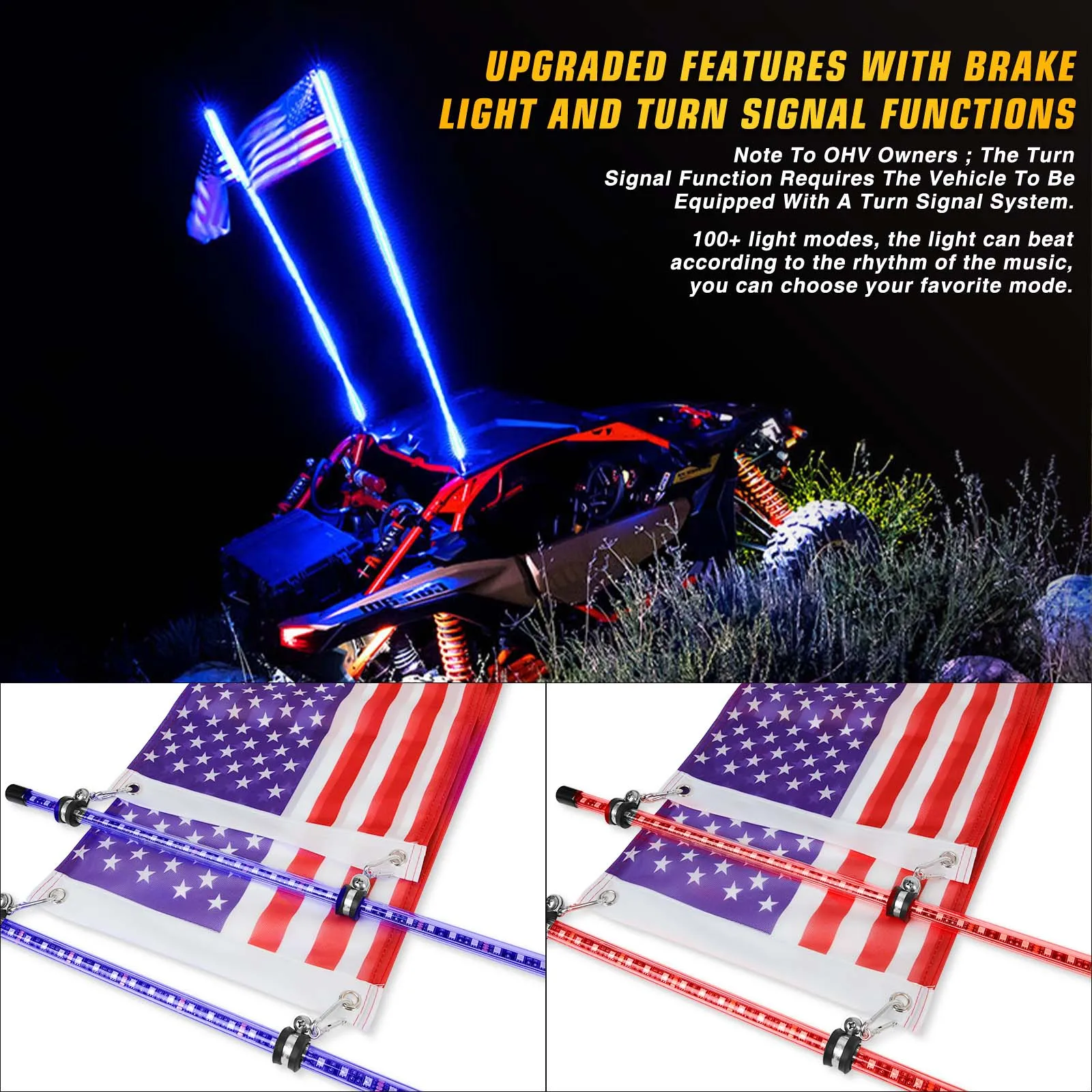 2PCS 4FT RGB Spiral LED Whip Light for UTV ATV Brake Light for Polaris RZR 800 900 1000 XP Can-Am Maverick X3 APP Remote Control