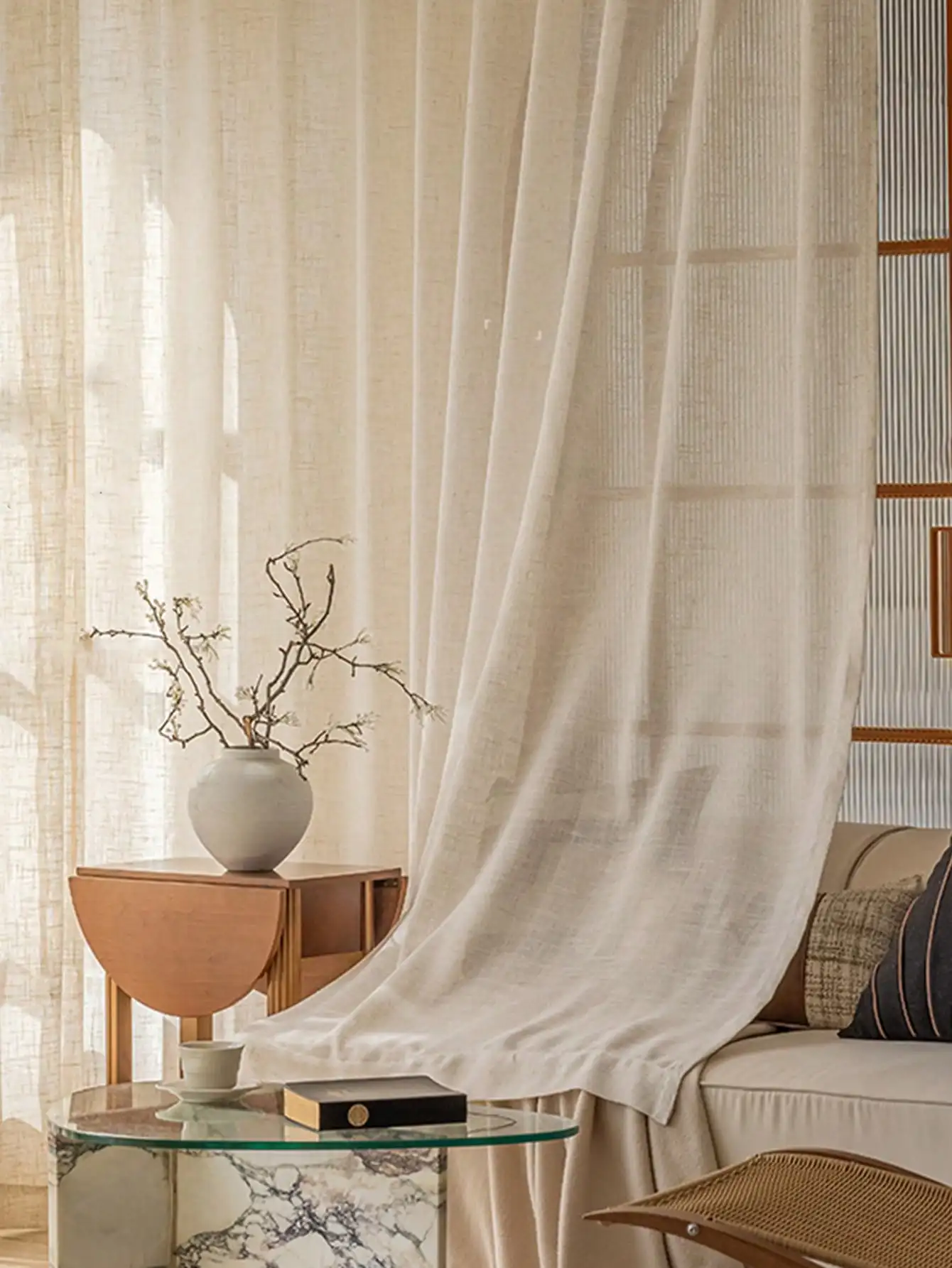 Japanese Modern Curtains - Beige Linen Window Screen | UV Resistant, Dust Proof Panels