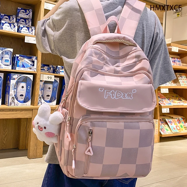 Kawaii Grid Pattern Women Backpack Fashion Multi Pocket Cute