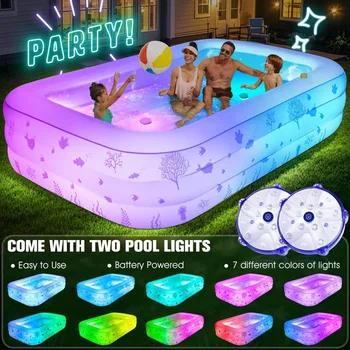 Inflatable Pool with Seat and Pool Lights, Durable Thickened Large Size for Adults Blow Up Pools,for Backyard,Outdoor (White) 1