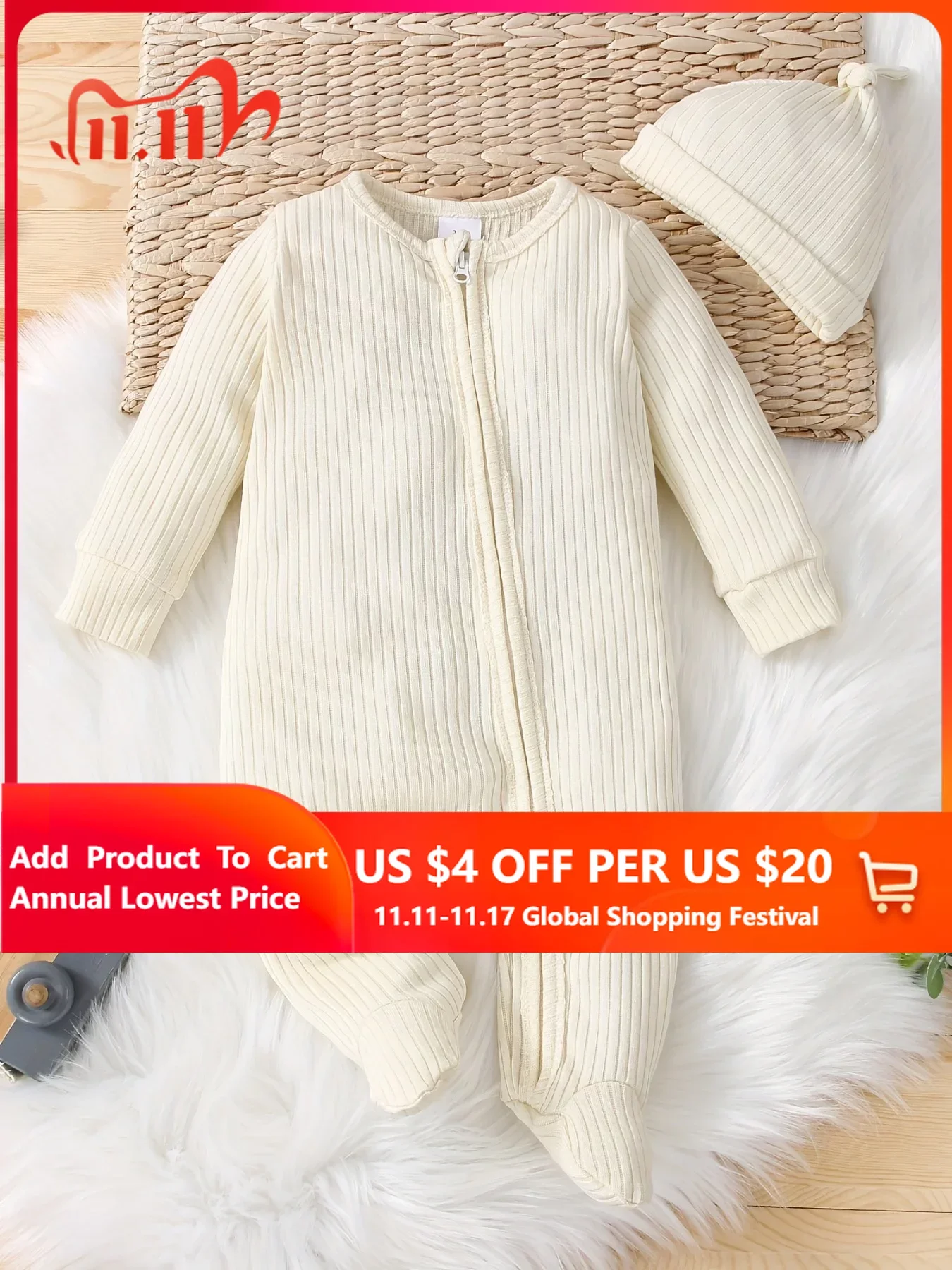 

Babysuit 2pcs Baby Girls And Boys Casual Plain Color Long Sleeve Zipper Romper & Hat Set Clothes