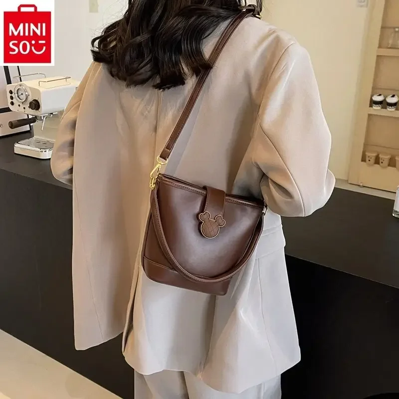 MINISO Disney Mickey Fashion Lock Bucket Bag Women's Vintage Versatile High Quality One Shoulder Crossbody Bag