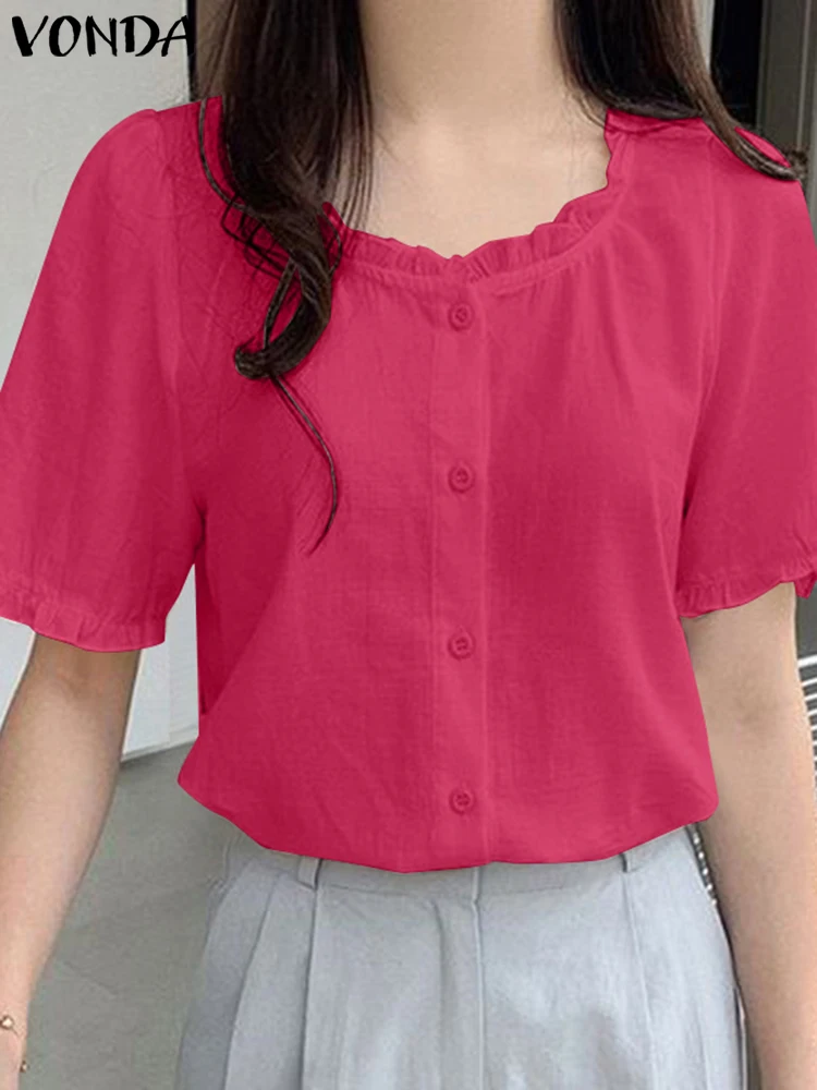 

VONDA Women Solid Color Blouse 2024 Casual Round neck Short Sleeve Tops Elegant Ruffled Shirts Fashion Sundress Femininas Blusas