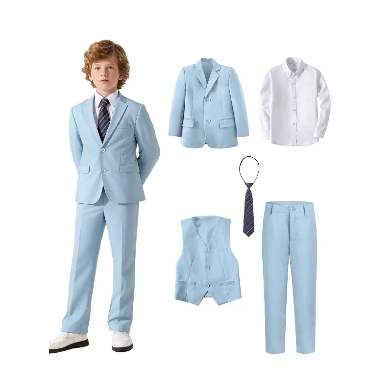 Boys Suit 5-piece Jacket Vest Pants Pocket Shirt Tie Random Casual Formal Wedding Teen Suit Dress School Uniform Size 4-16Y