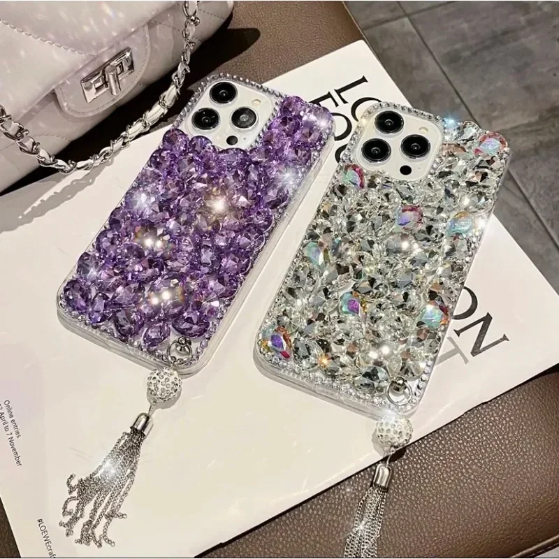 Luxury Glitter Purple Rhinestone Tassel Pendant Case, Cover for Samsung Galaxy A70S, A52, A71, A72, A73, A53, A33, A74, A54, A34
